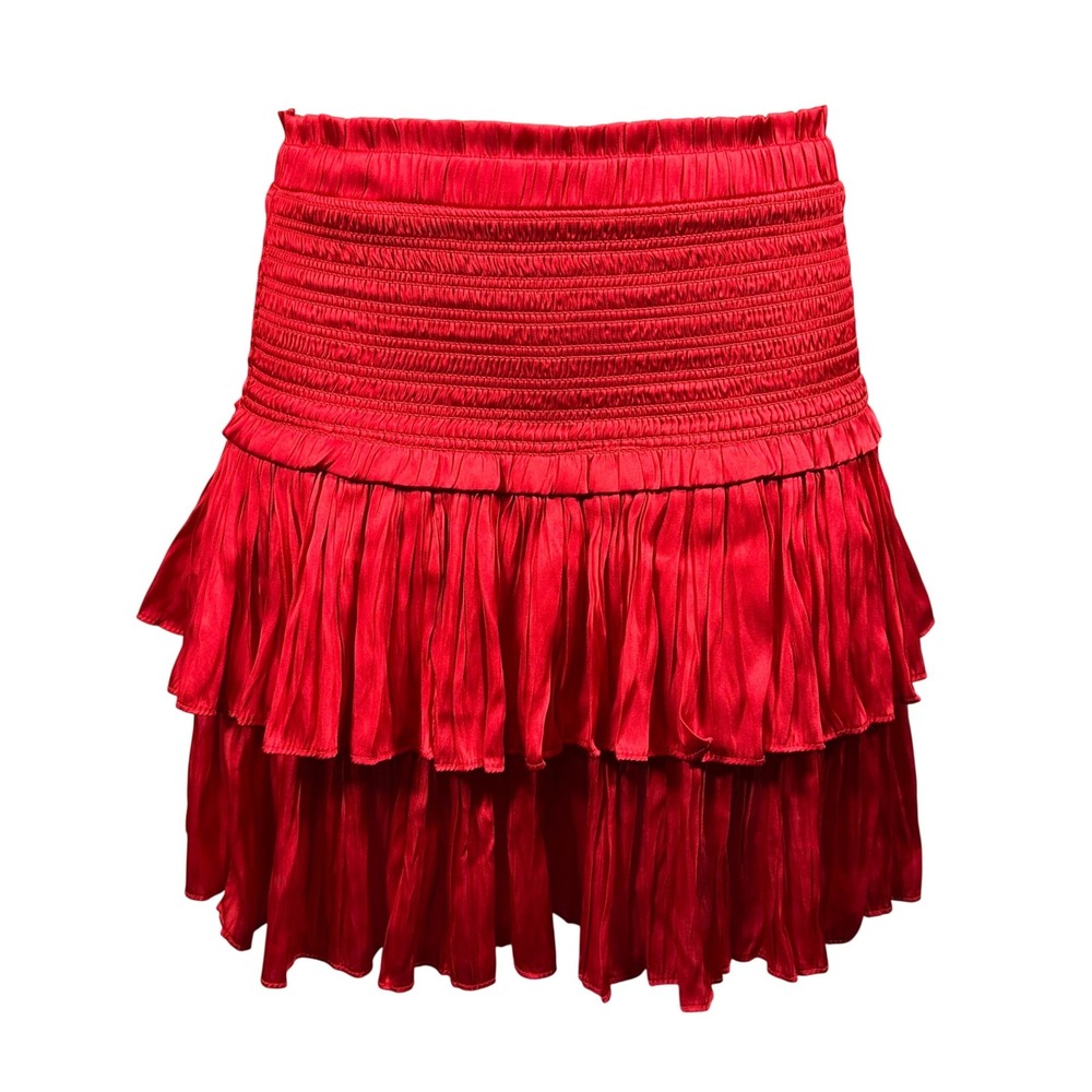 Pants Store Red Smocked Tiered Ruffle Mini Skirt Medium Romantic Coquette Satin